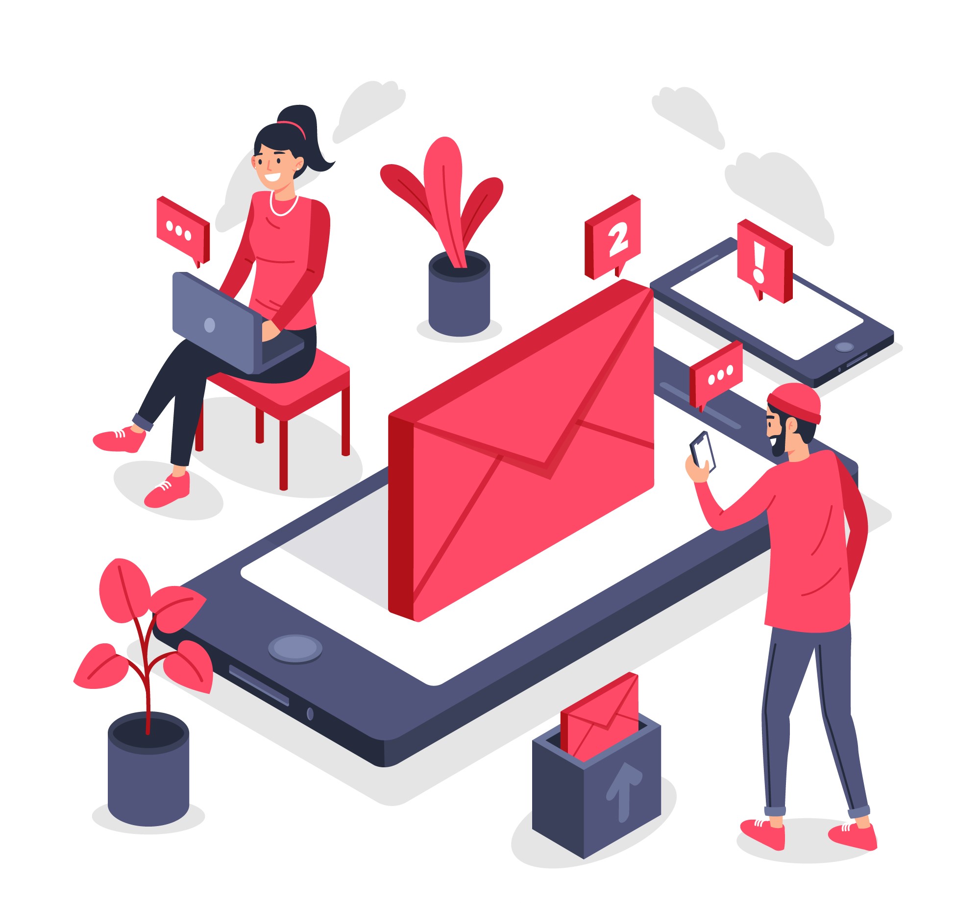 Illustration of email personalization showing a woman using a laptop and a man checking messages on his phone, surrounded by digital mail icons and notification alerts.